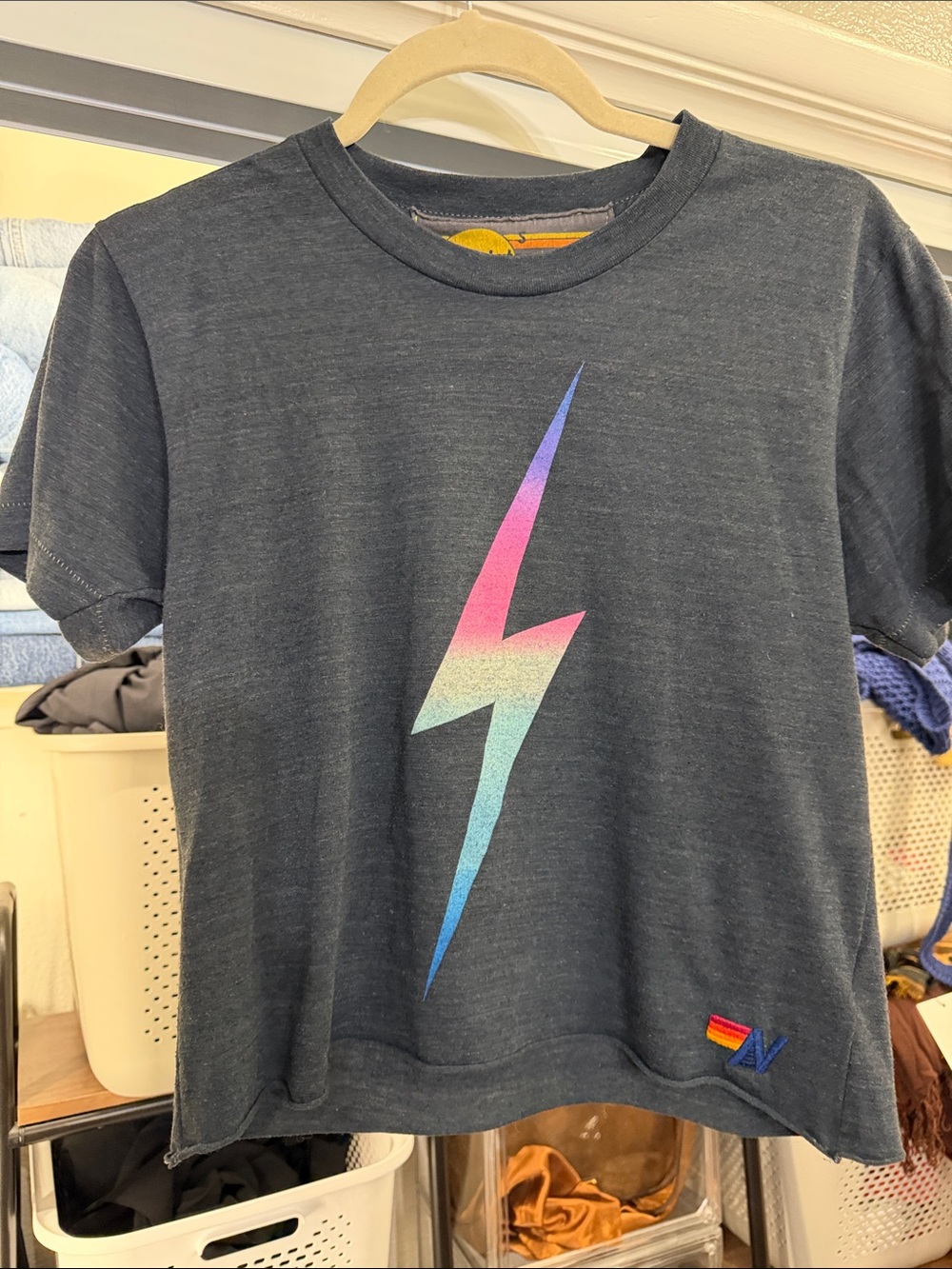 Aviator Nation Charcoal Tee with Gradient Rainbow Lightning